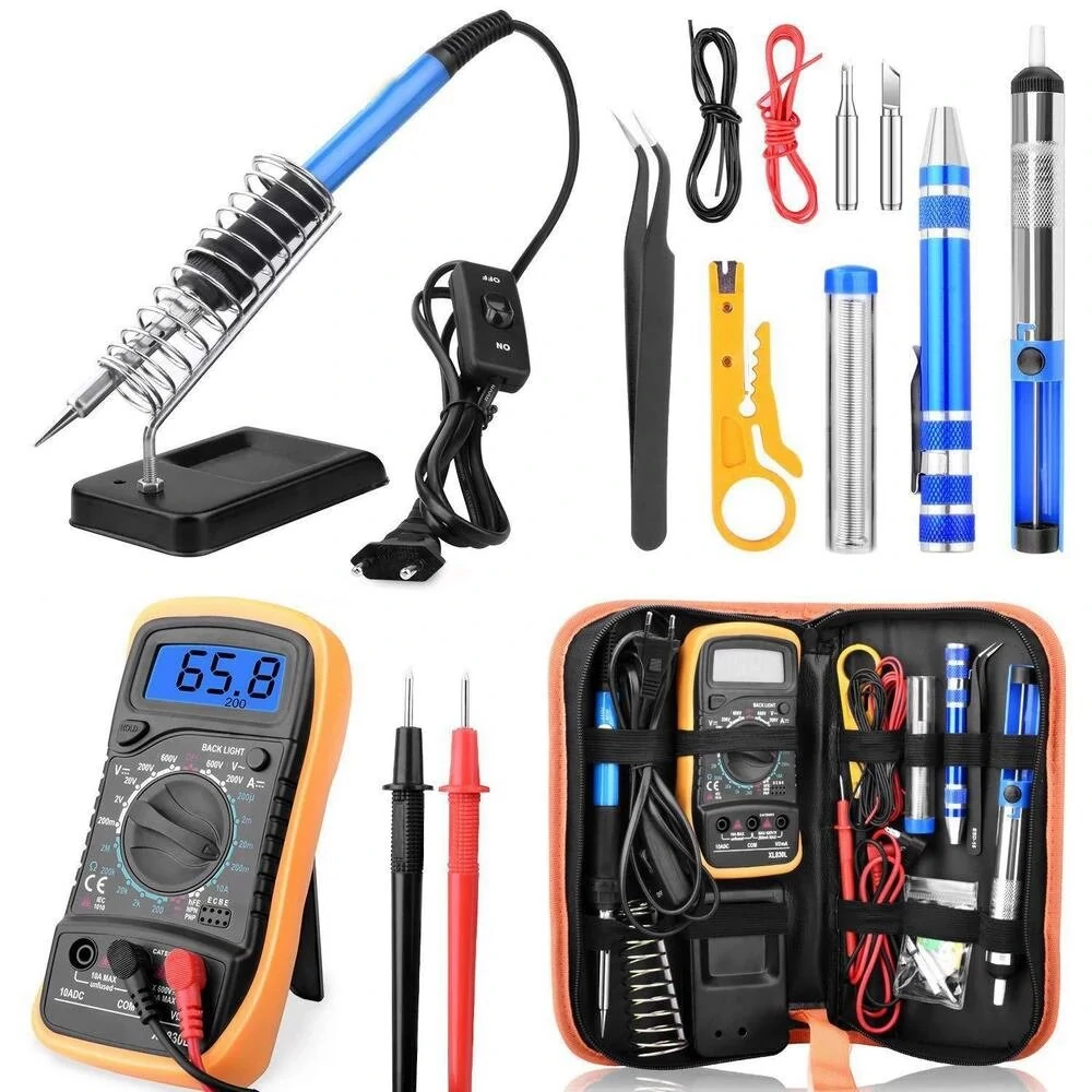 HANDSKIT 60W Adjustable Temperature Soldering Iron Kit - 110V/220V with Digital Multimeter