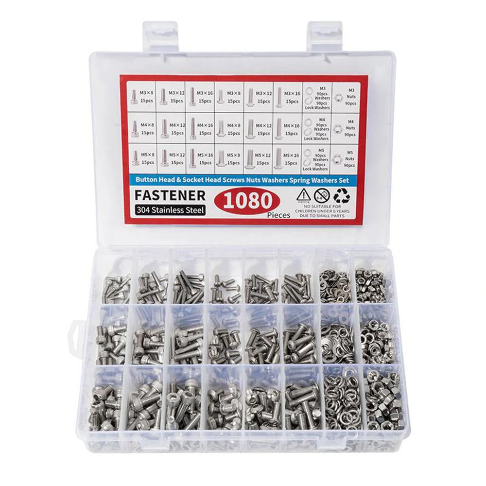 1080pcs Metric Screw Assortment Kit - M3 M4 M5 M6 Bolts & Nuts - 304 Stainless Steel
