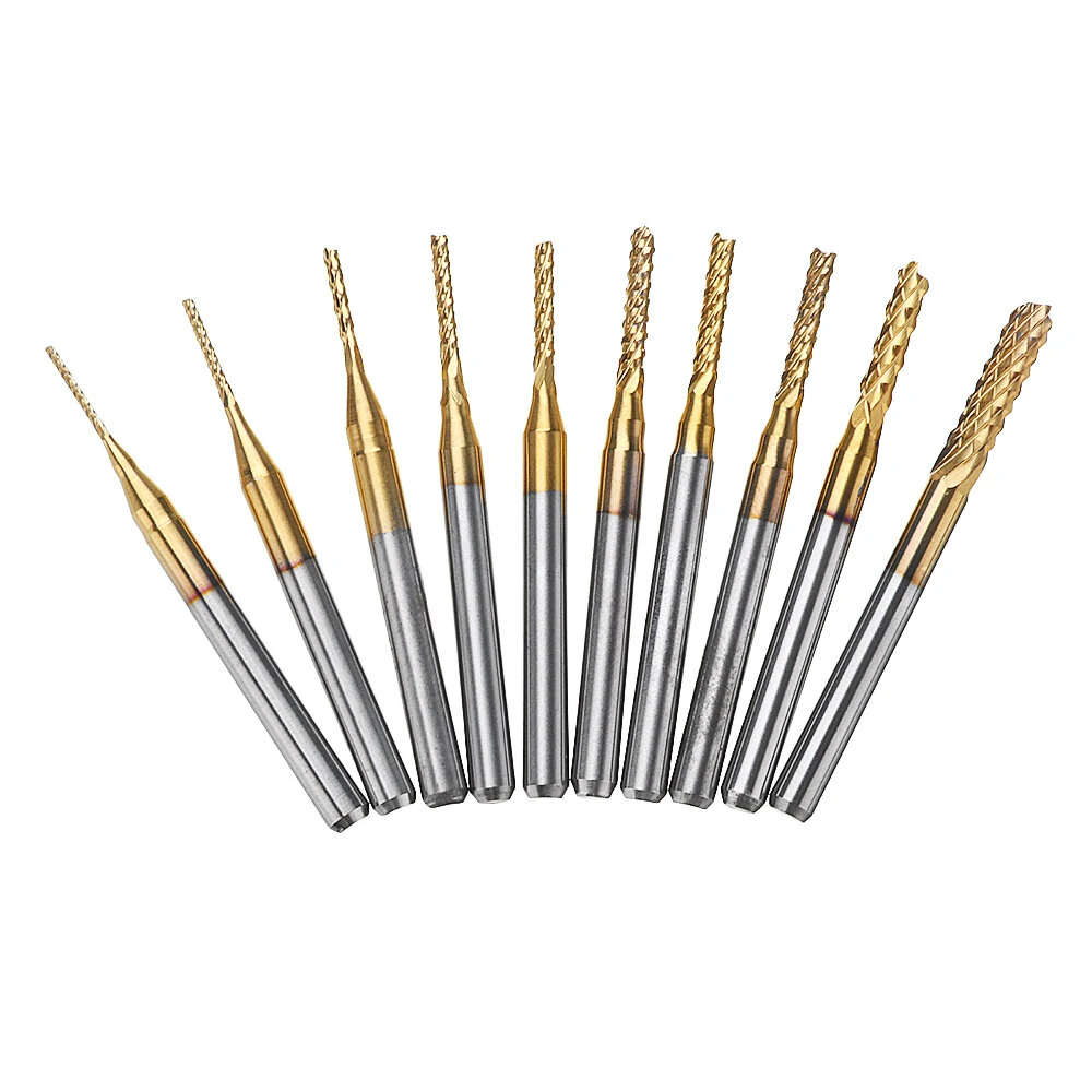 Drillpro DB-M1 Titanium Coated Carbide Bits | 10Pcs 0.8-3mm Engraving Milling Cutter