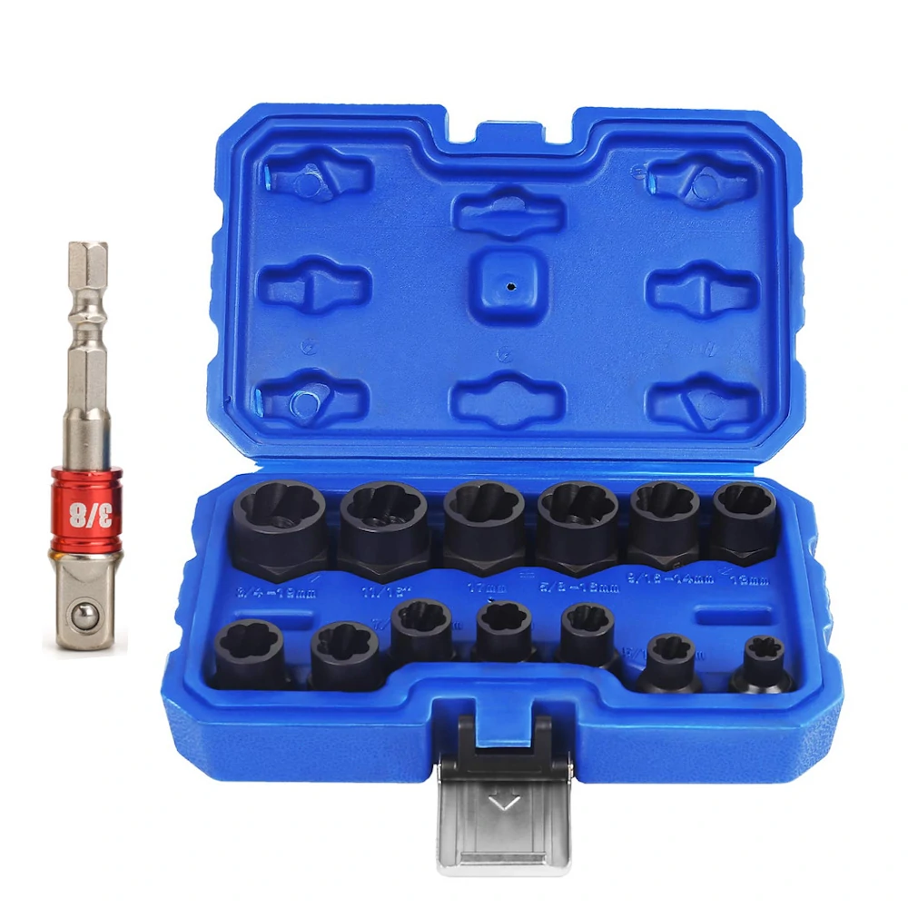Bolt Nut Remover Extractor Socket Tool Set - 14pc Impact Damaged Screw Removal Kit