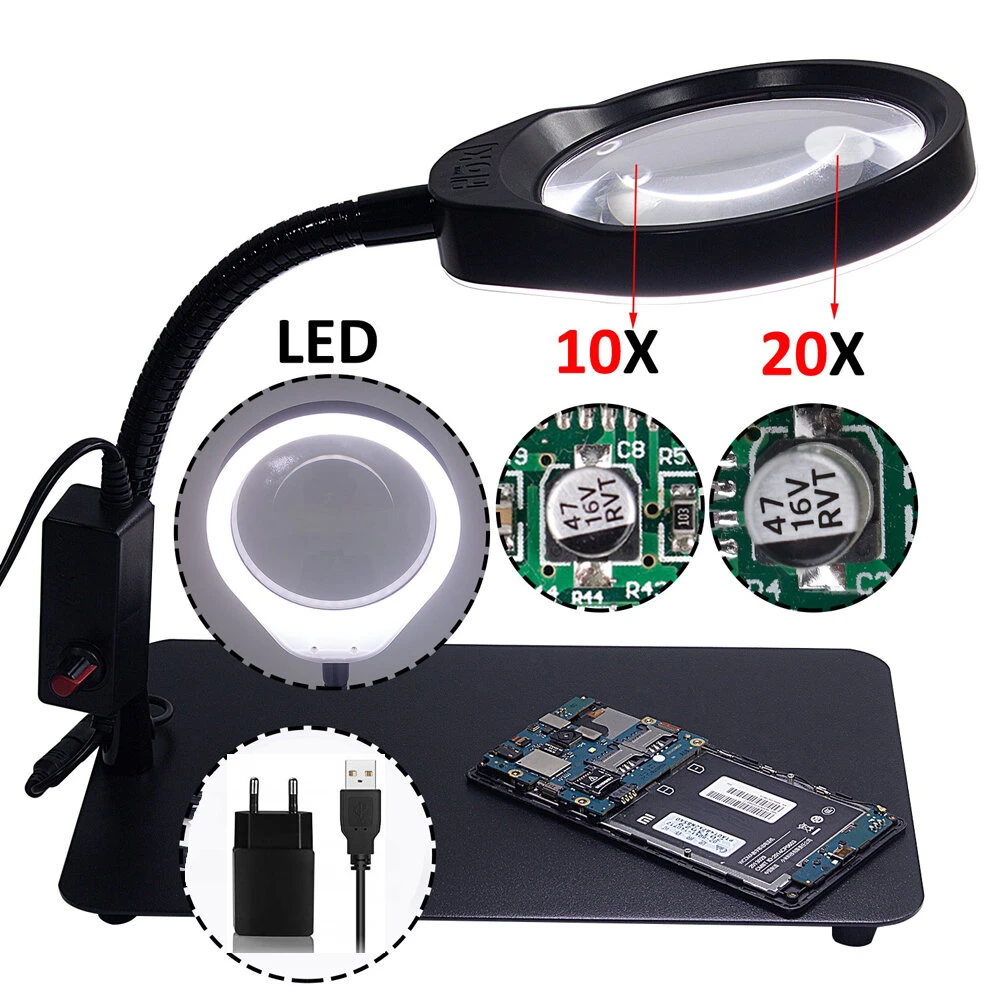 PD-032C 10X/20X Magnifier Lamp with 48 LED Lights - USB Powered Metal Base