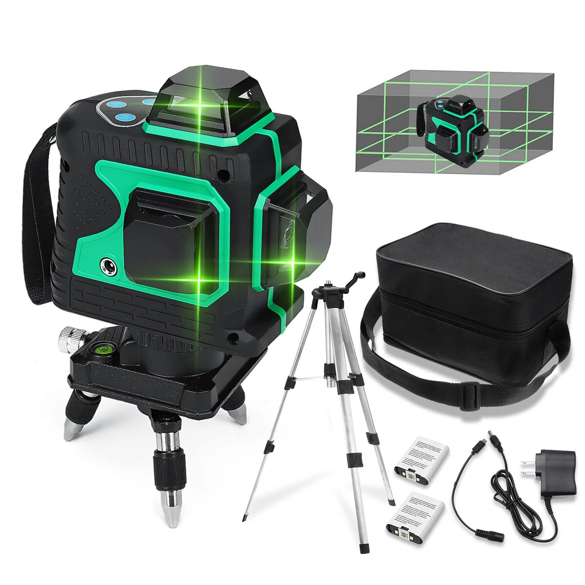 MUSTOOL 3D Green Laser Level - 12 Lines 360° Horizontal & Vertical with 2 Batteries