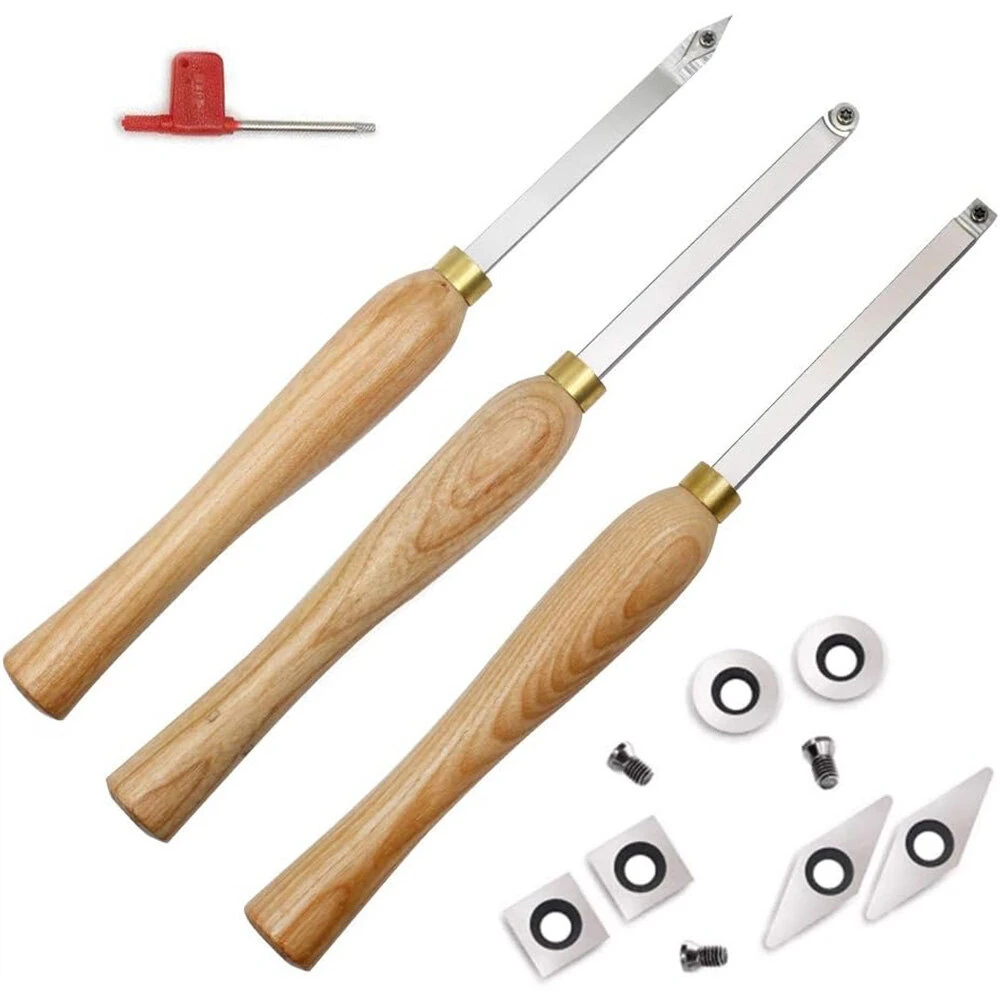 Wood Lathe Chisel Set - 3 PCS Carbide Tools w/ Square Round Diamond Blades