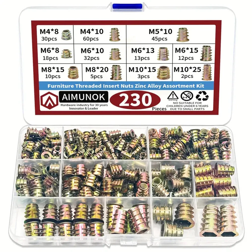 230pcs Threaded Wood Inserts Kit - 11 Metric Sizes M4 to M10 | Hex Socket Drive for Furniture & DIY