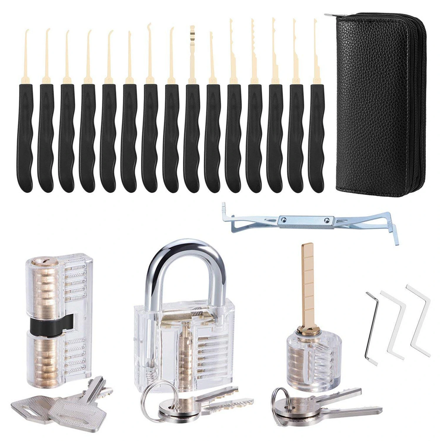 26PCS Locksmith Training Set with 3 Transparent Padlocks | Spring Steel Lock Picks & Unlock Gun | Perfect for Beginners