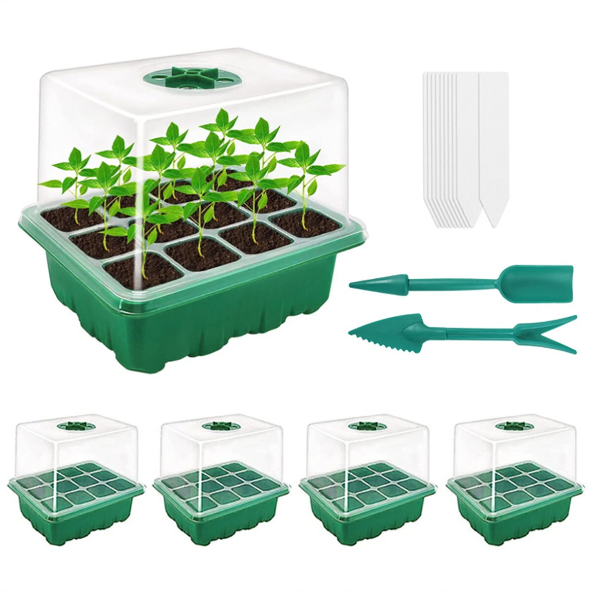 5 Pack 12-Cell PVC Seed Starter Tray Kit | Adjustable Humidity Control & Enhanced Drainage
