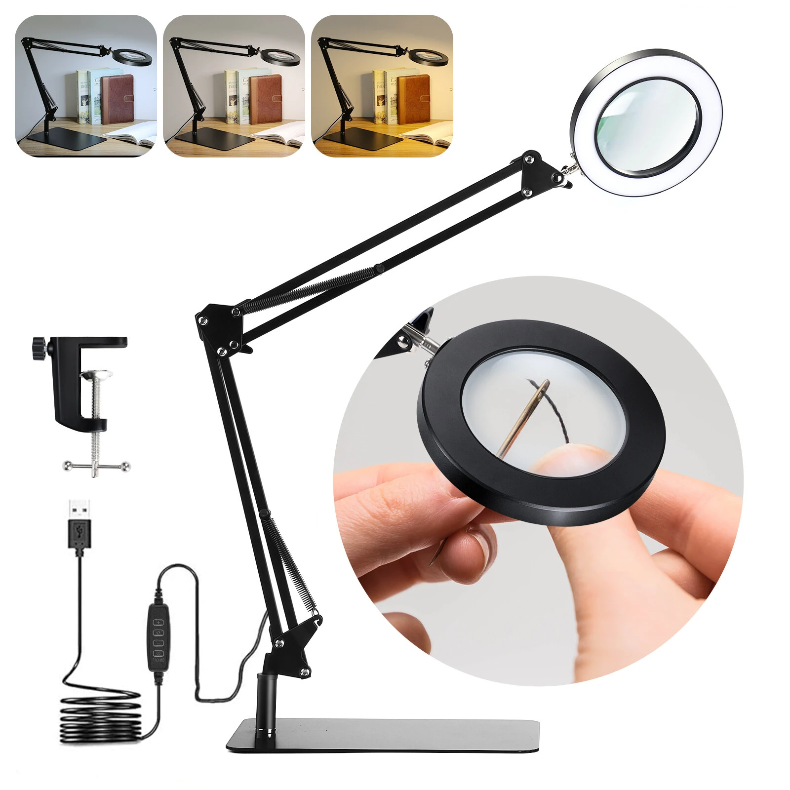 MUSTOOL 10X Magnifying Lamp with Clamp | 5In Large Glass Lens, 3 Color Modes & Dimmable