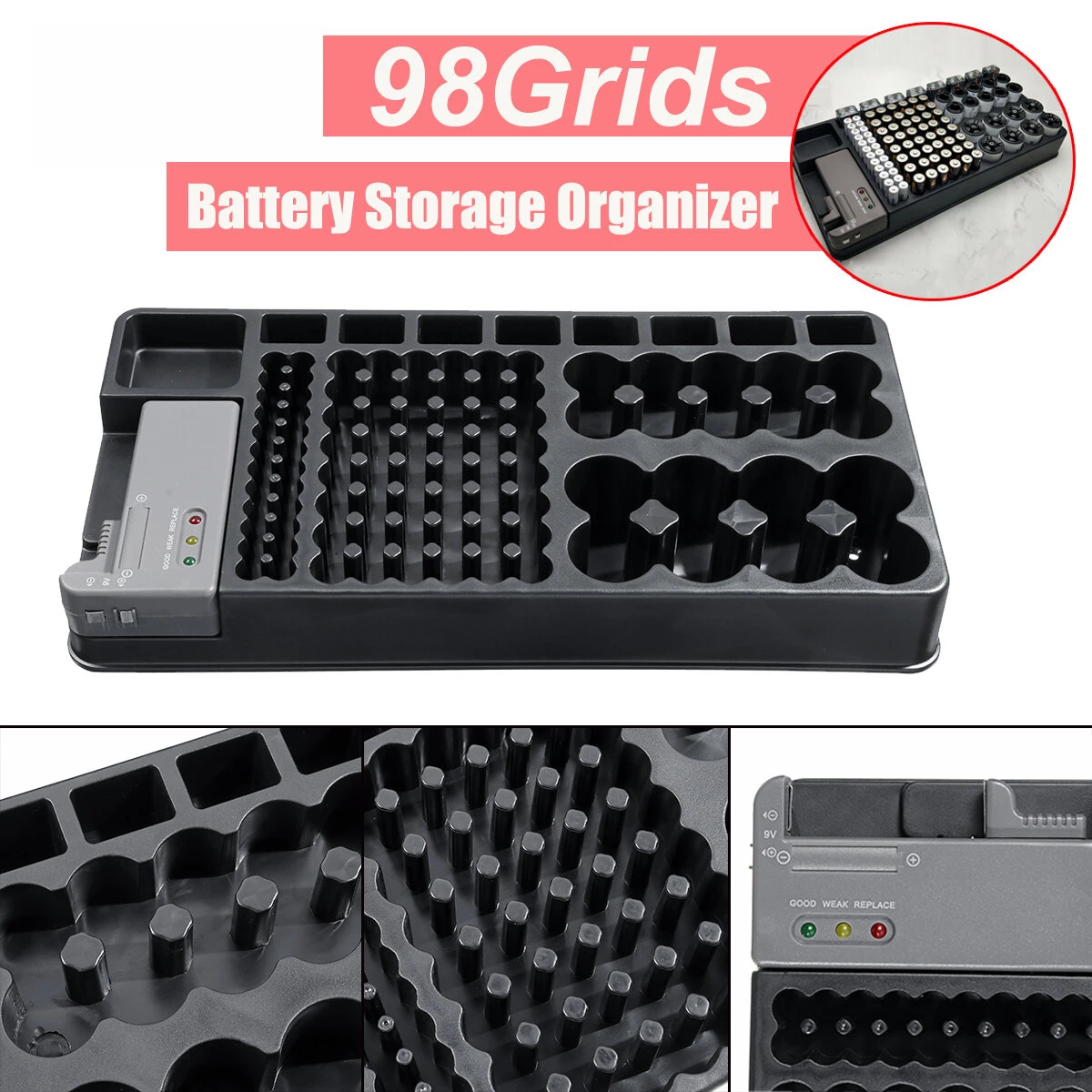 98Grids Battery Organizer Storage Case with Removable Tester | 98 Grid Holder