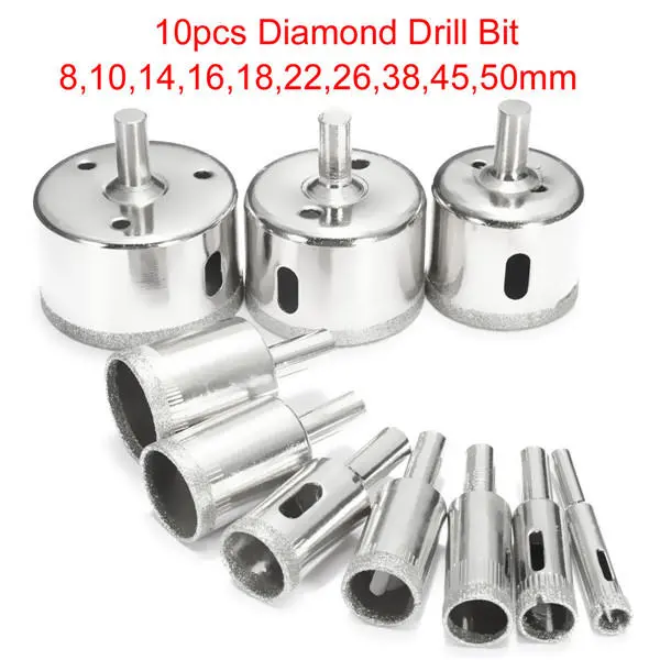 Diamond Hole Saw Set - 10pcs for Tile Ceramic Glass Porcelain - 8mm-50mm