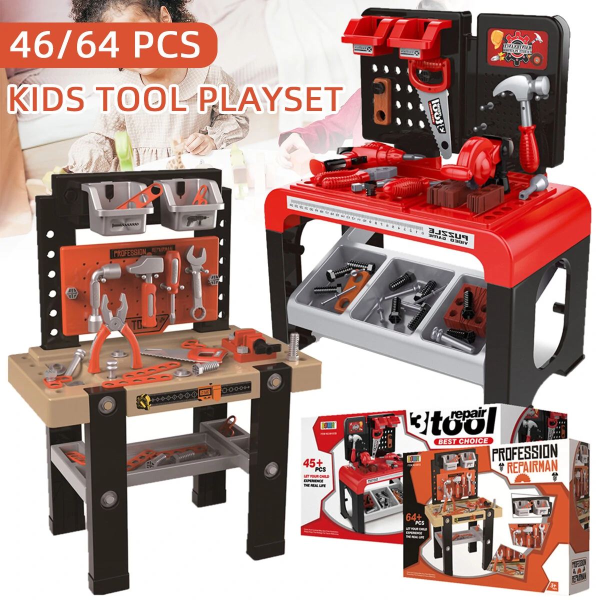 46/64Pcs Kids Tool Bench Playset | Pretend Repair Construction Toy Set