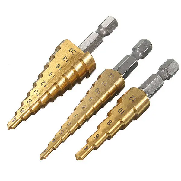 HSS Titanium Step Drill Bit Set - 3pcs 3-12/4-42/4-20mm | Cone Hole Cutter
