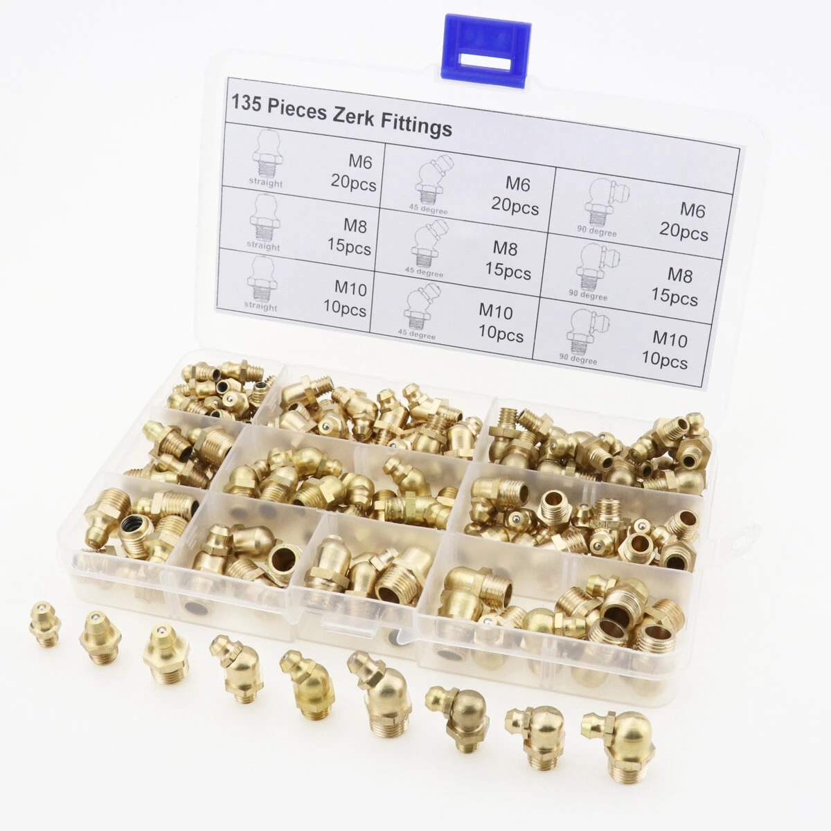 135pcs Hydraulic Metric Brass Grease Nipple Kit - M6 M8 M10 Fittings | Machinery Parts