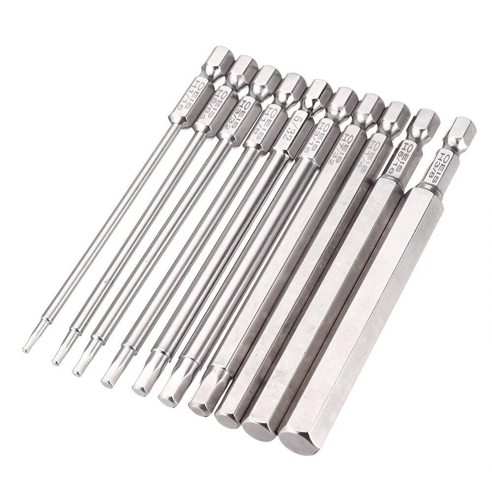 Drillpro 10Pcs 1/4 Inch SAE Hex Bit Set | S2 Steel 100mm Allen Wrench Bits