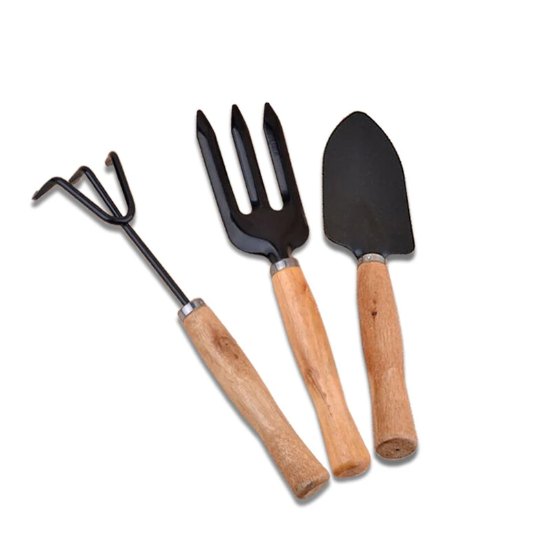 3Pcs Garden Hand Tools Set - Iron Shovel Spade Rake Trowel with Wood Handle