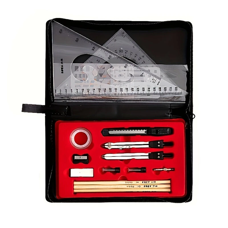 Professional 19pc Compass Drawing Kit - Aluminum Alloy CAD Design Tools | Geometric Set with Templates, Ruler & Canvas Bag