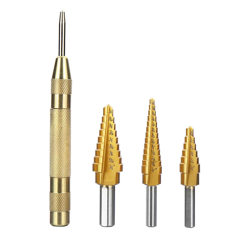 4pcs Titanium Coated Step Drill Bit Set | 3/16-1/2, 1/4-3/4, 1/8-1/2 in | with Center Punch