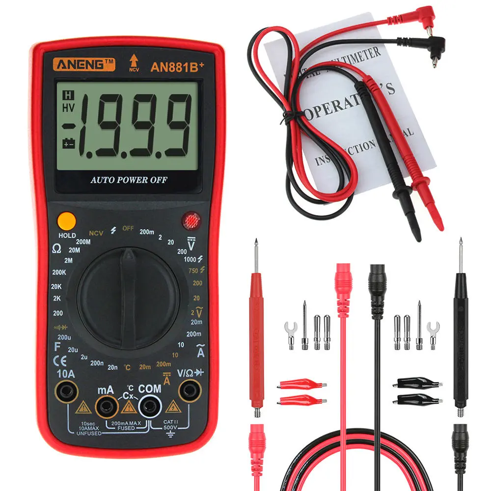 ANENG AN881B+ Multimeter - AC/DC Voltage, Current, Capacitance, Temp, Diode, Non-contact, 16-in-1 Test Line