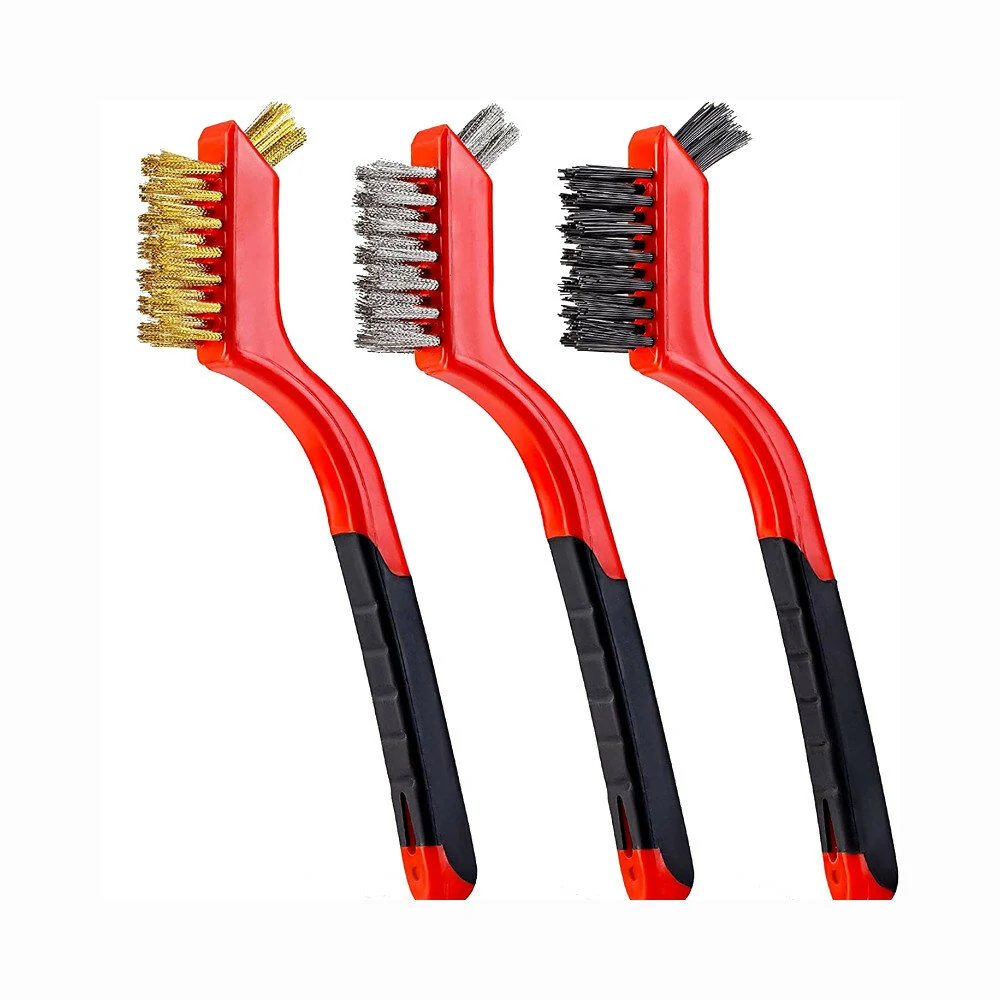 3pcs Wire Brush Set - Stainless Steel & Copper - Curved Handle Grip for Rust Cleaning