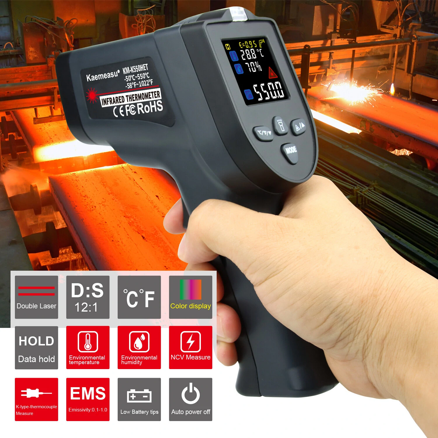 Upgraded Non-contact Dual Laser Infrared Thermometer -50 to 550°C with K-Type Thermocouple