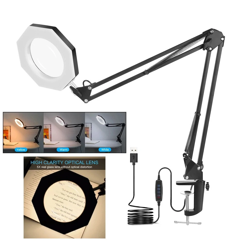 NEWACALOX 5X Soldering Third Hand Tool - USB Table Clamp Magnifier with 3 Color LED Light