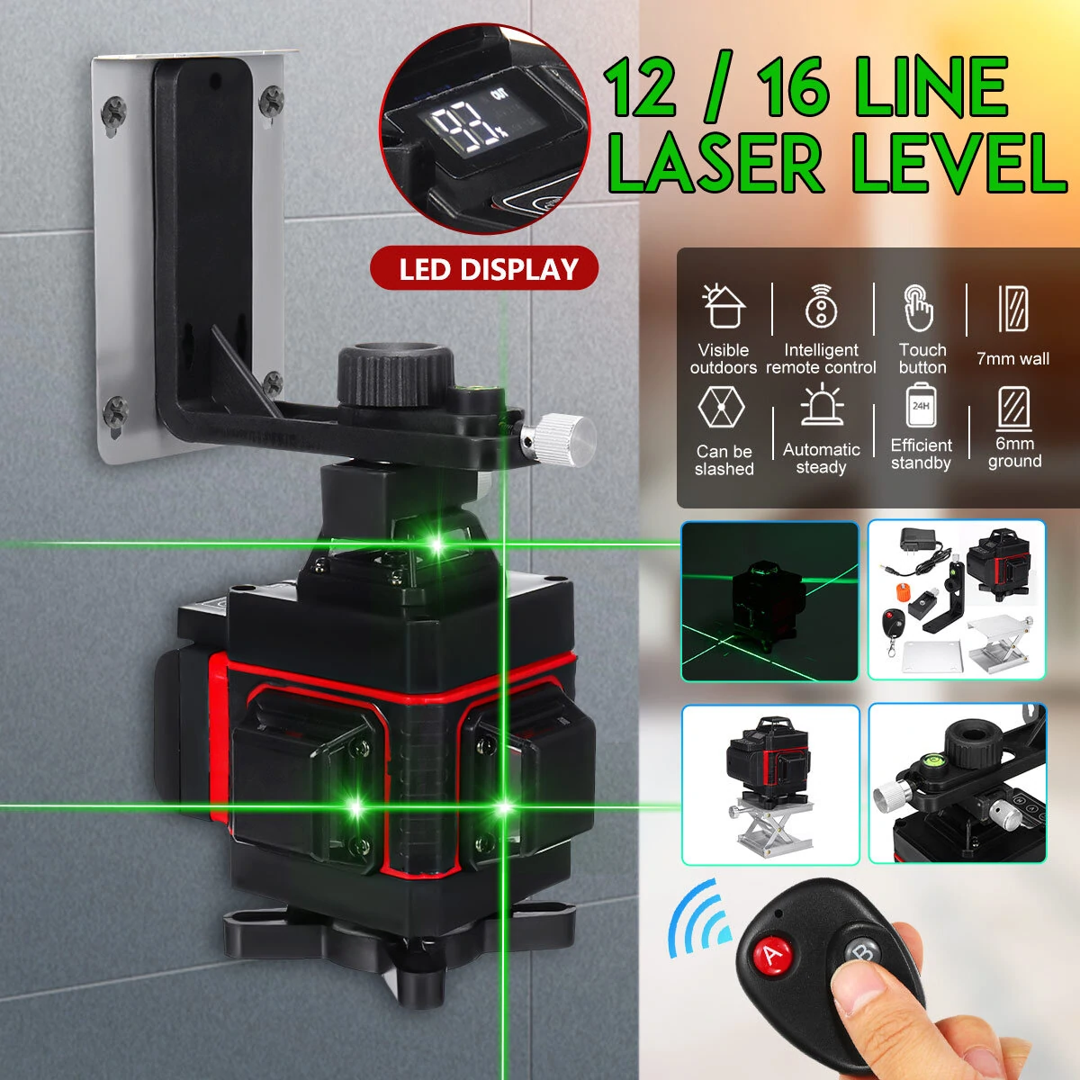 4D Green Laser Level | 12/16 Line Self-Leveling | 360° Rotary Measure