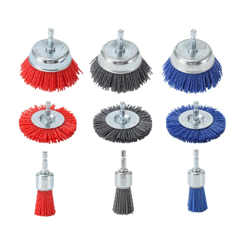 9 PCS Nylon Abrasive Brush Wheel Set - 1/4 Inch Hex Drill Shank for Rust & Paint Removal | Metal Wood Plastic Cleaner