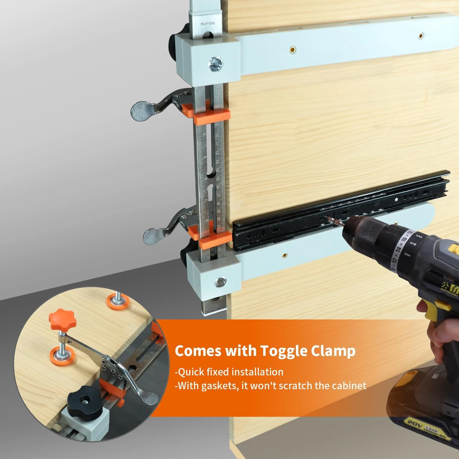 2PCS Drawer Slide Jig with Toggle Clamp | Stainless Steel Magnetic Arm & Laser Scale | Fast Accurate Cabinet Installation Tool