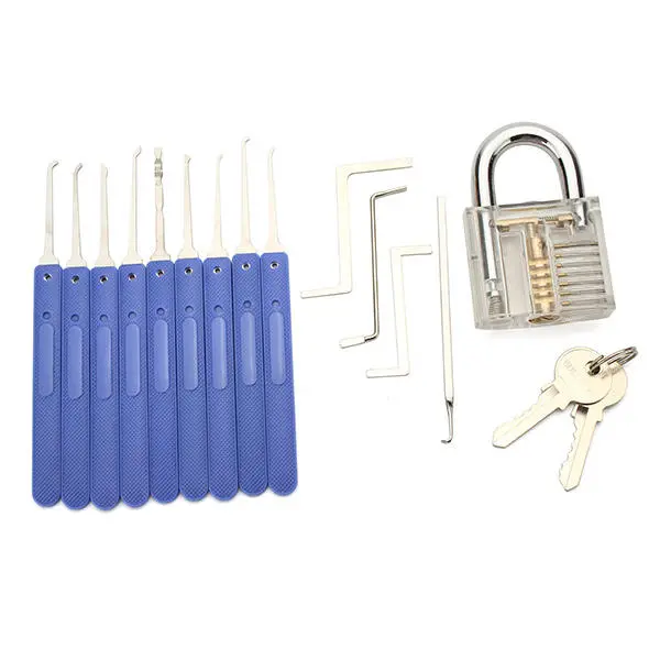 9pcs Blue Handle Lock Pick Set with Practice Padlock | Key Extractor Tool