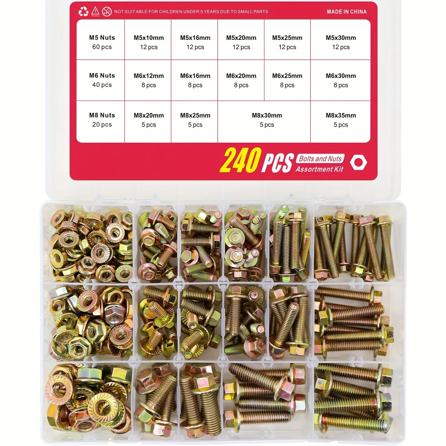 Grade 8.8 Alloy Steel Hex Screws & Nuts Kit 240pcs | M5 M6 M8 Metric | Corrosion-Resistant