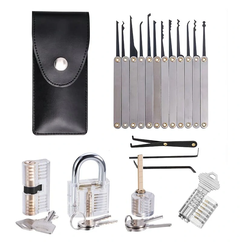 19PCS Locksmith Practice Lock Set - 4 Transparent Padlocks & 15 Tools | Durable Spring Steel | Includes Storage Bag