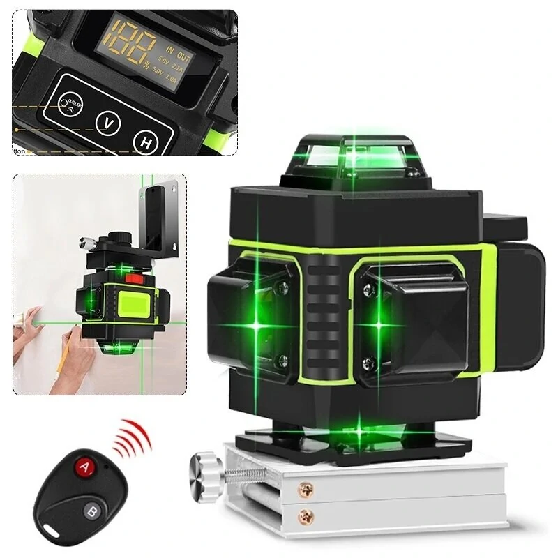 Strong Green Light 4D Laser Level - 16-Line Remote Control with Wall Frame
