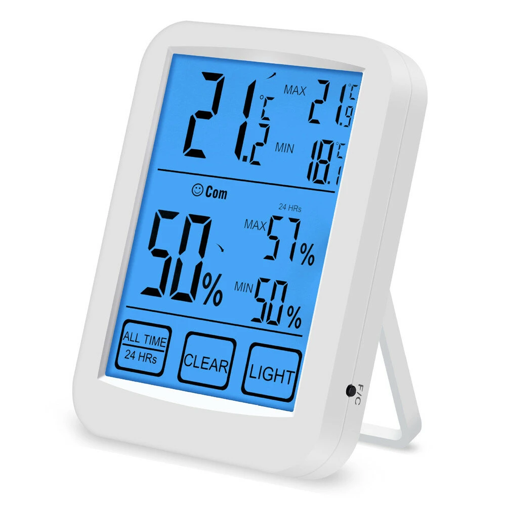 Digital Thermometer Hygrometer - Backlit Touch Screen | Temperature Humidity Meter