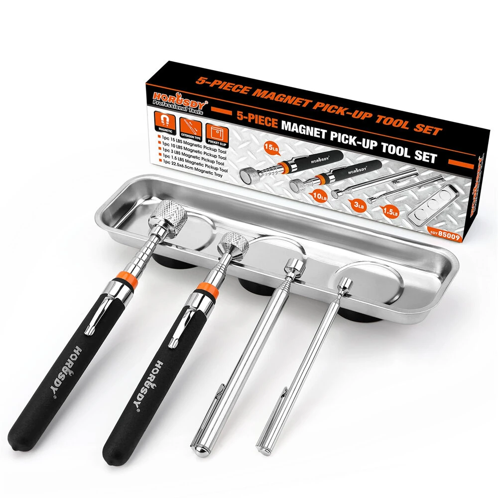 Magnetic Pickup Tools Set - 5-Piece Telescoping Sticks & Tray - 15LB 10LB 3LB 1.5LB - Rust-Proof for Mechanics & DIY