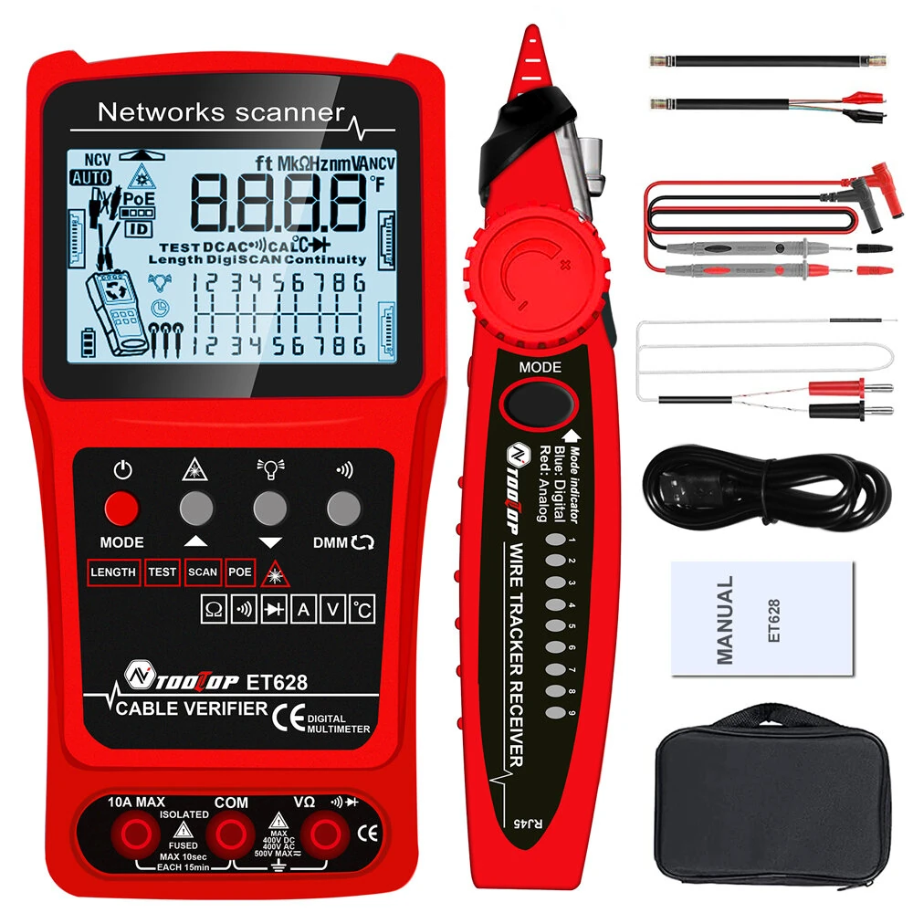TOOLTOP 3-in-1 Network Cable Tester | Multimeter + Toner | Length & Voltage