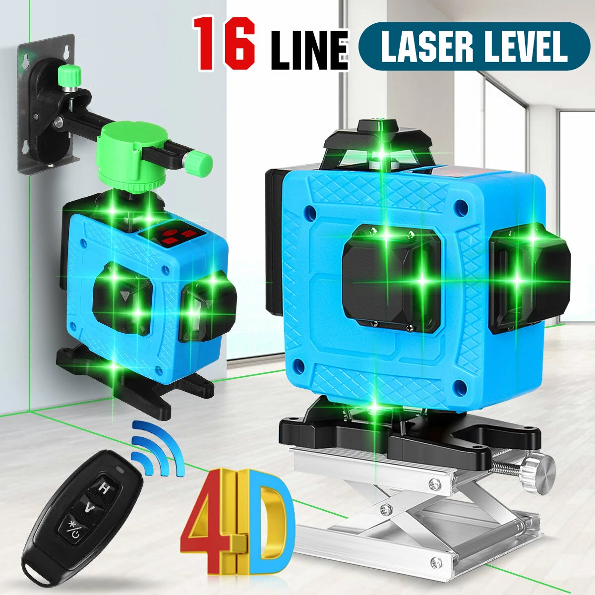 16 Line Green Laser Level | 4D Self-Leveling | 360° Rotary Cross Line