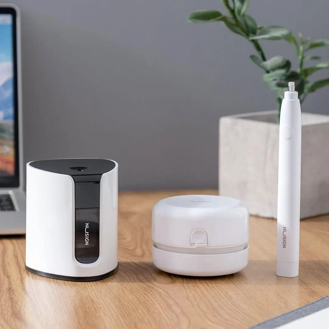 NUSIGN Smart Fashion Electric Stationery Set - White Pencil Sharpener & Desktop Vacuum Cleaner