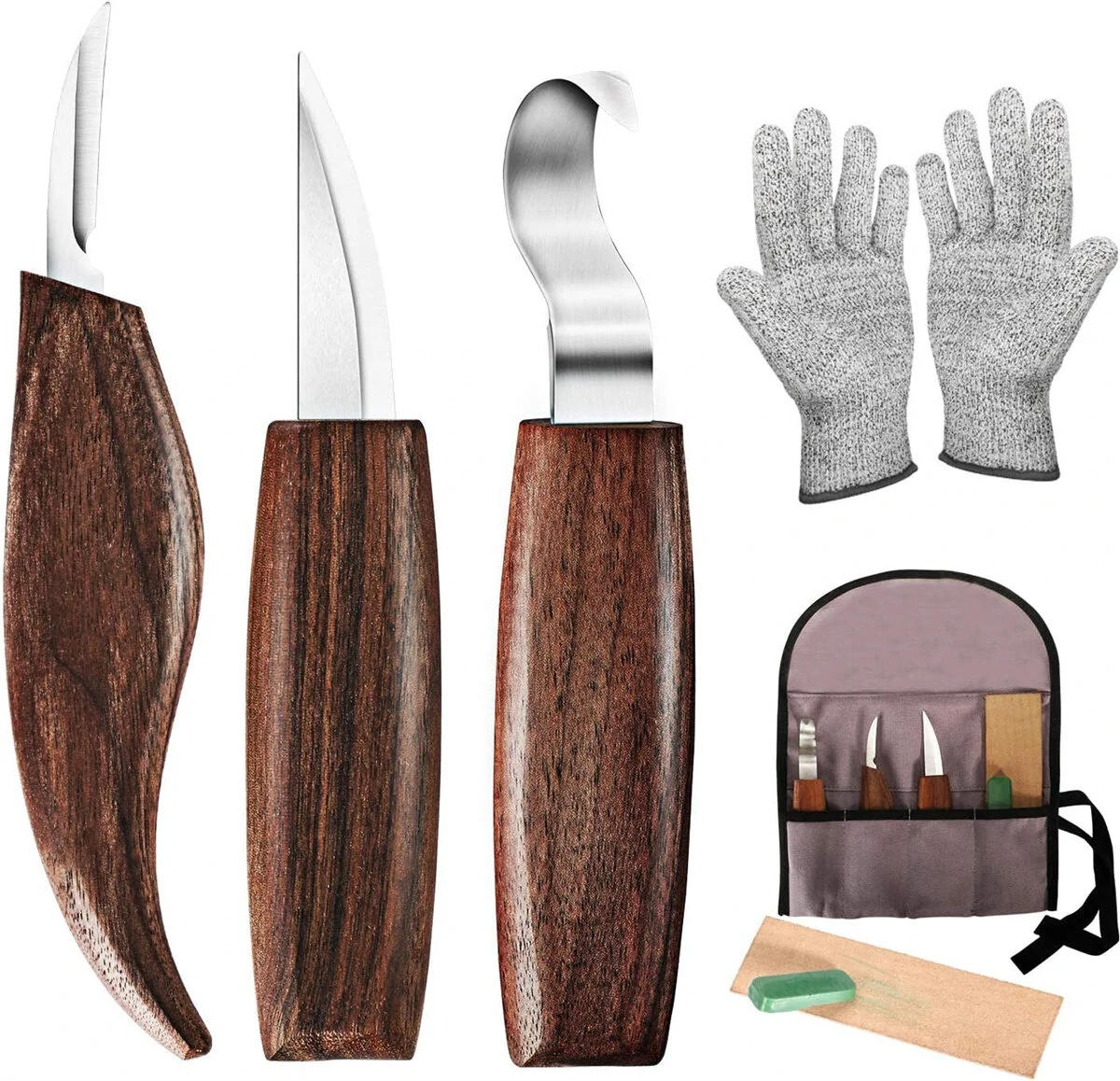 Wood Carving Tools Kit 7-in-1 with Hook Knife & Sharpener | Beginner Woodworking