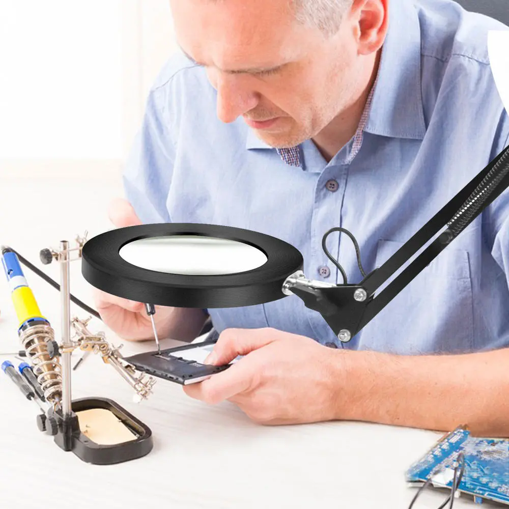 Flexible Desk Magnifier Lamp - 22cm LED Magnifying Glass with 5X USB & 3 Color Lights