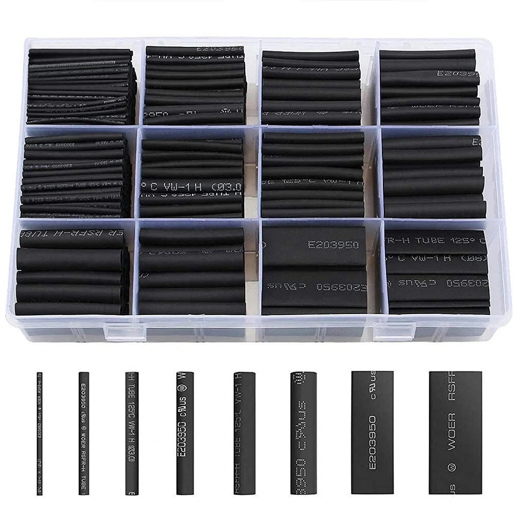 Heat Shrink Tubing Kit - 650pcs Black 2:1 Ratio | 8 Sizes in Box for Wire Insulation