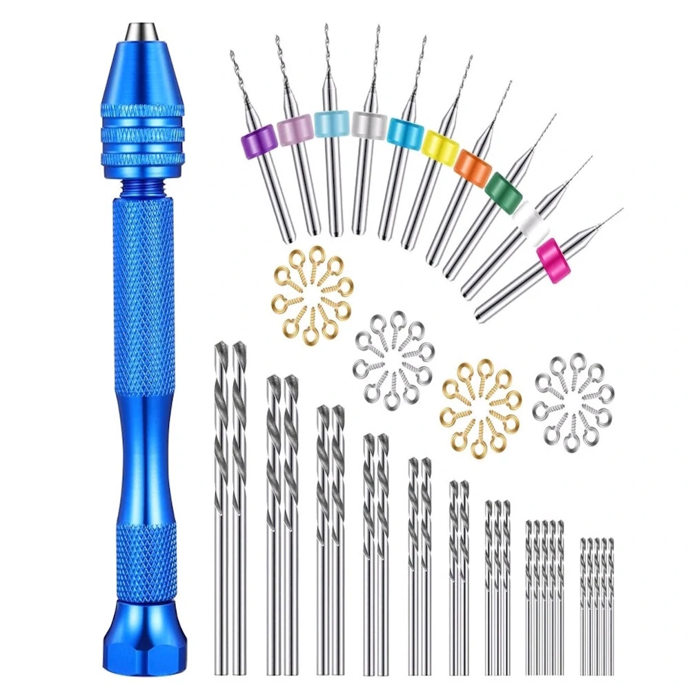 Hand Drill with 65pc Bits - 25pc Twist & 10pc PCB Drill | Clamp Handle for DIY Craft Carving