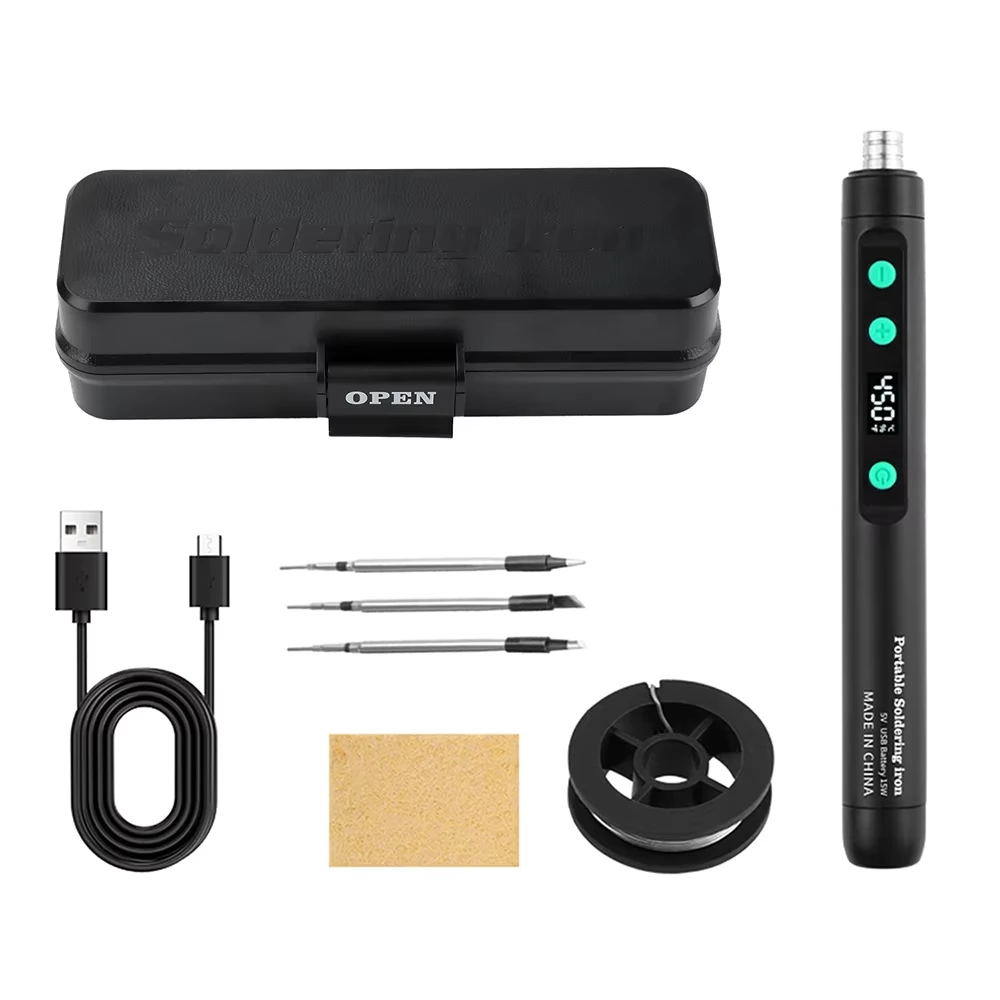 USB Soldering Iron Kit - Rechargeable Type-C 15W | Adjustable Temperature 200-450°C | Rapid Heating Compact Welding Tool
