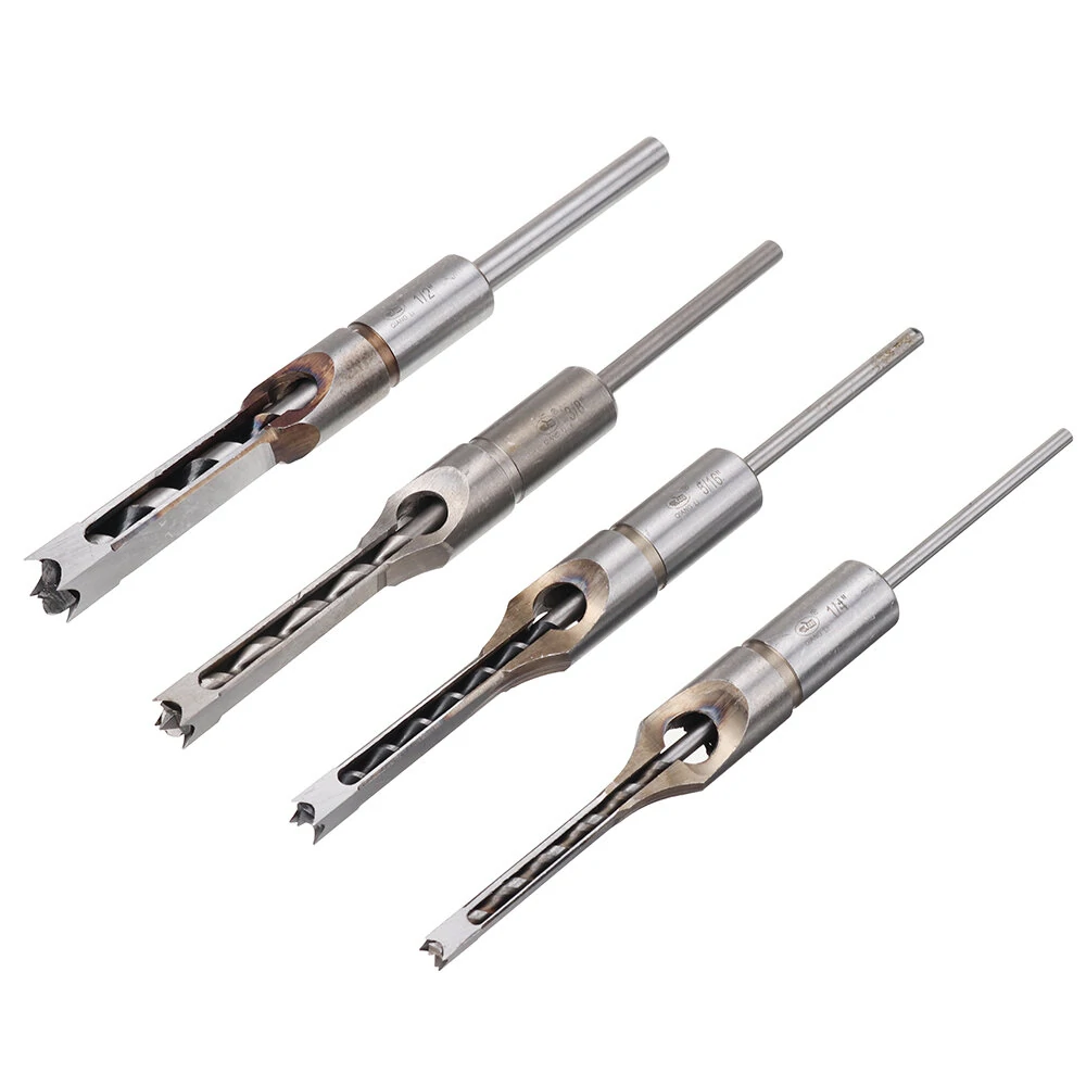 Drillpro 4pcs Square Hole Drill Bit Set | 1/4 to 1/2 Inch Woodworking Auger Chisel Kit