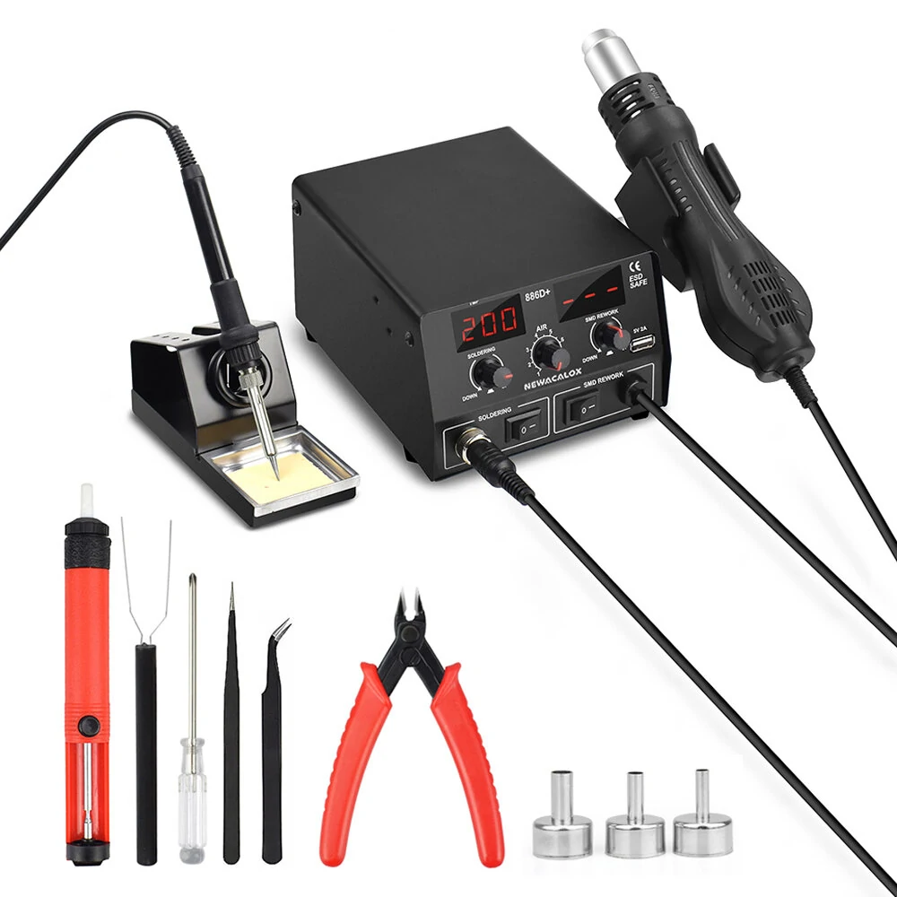 NEWACALOX 886D 2-in-1 Rework Station | 750W Soldering Iron & Hot Air Gun | 220V with PCB Preheater & USB Port