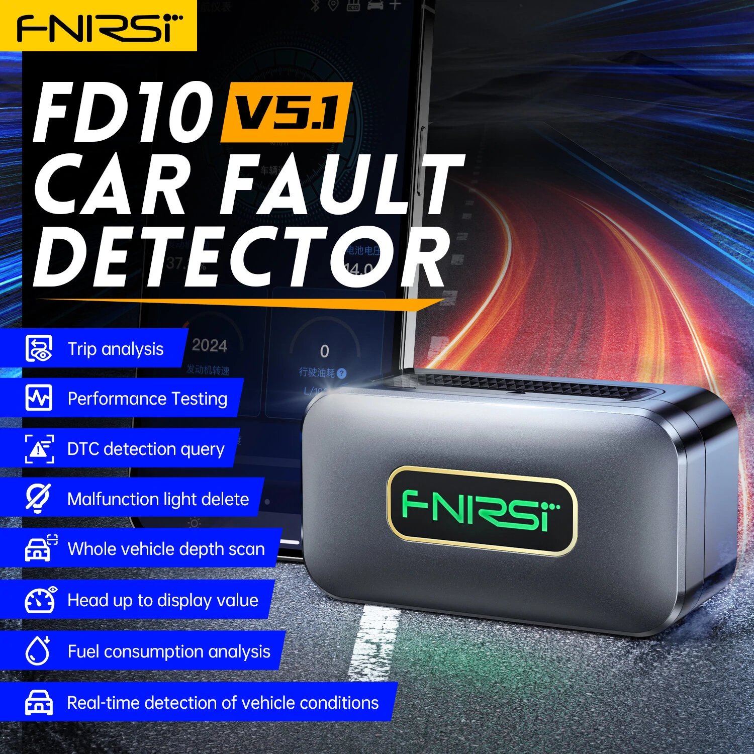 FNIRSI FD10 OBD2 Scanner - Bluetooth 5.1 Code Reader for iOS & Android - Check Engine Light