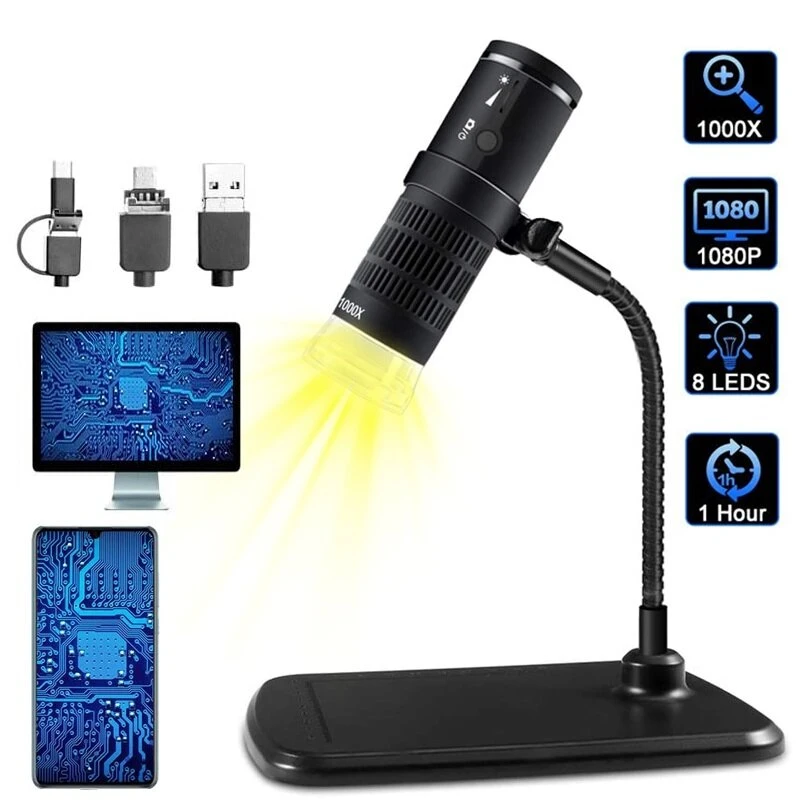 3-in-1 Handheld USB Microscope - 1000X Magnifier with 8 LED & Touch Screen