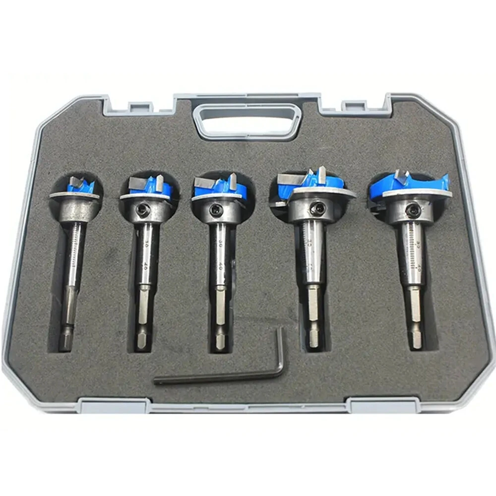 5pcs Blue Carbide Woodworking Hole Opener Set | Adjustable 15-35mm | Hinge Drill Bits
