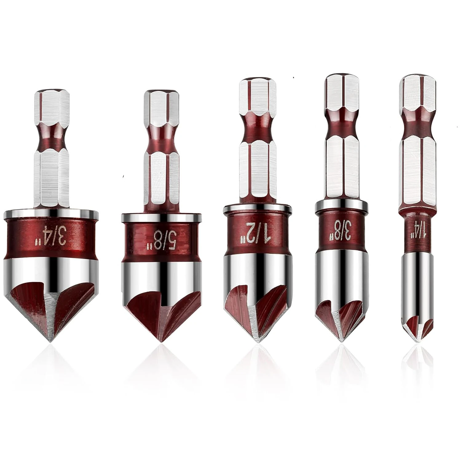 5PCS Countersink Drill Bit Set - 82 Degree Hex Shank for Wood & Metal