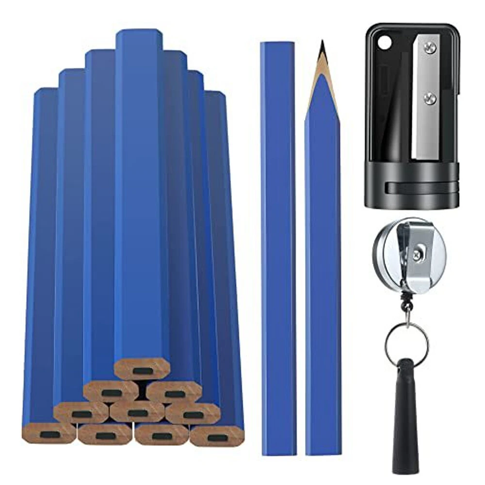 Stanley Carpenter Pencils 14-Pack | HB Flat Octagonal for Woodworking - Includes Sharpener & Retractable Pen Holder