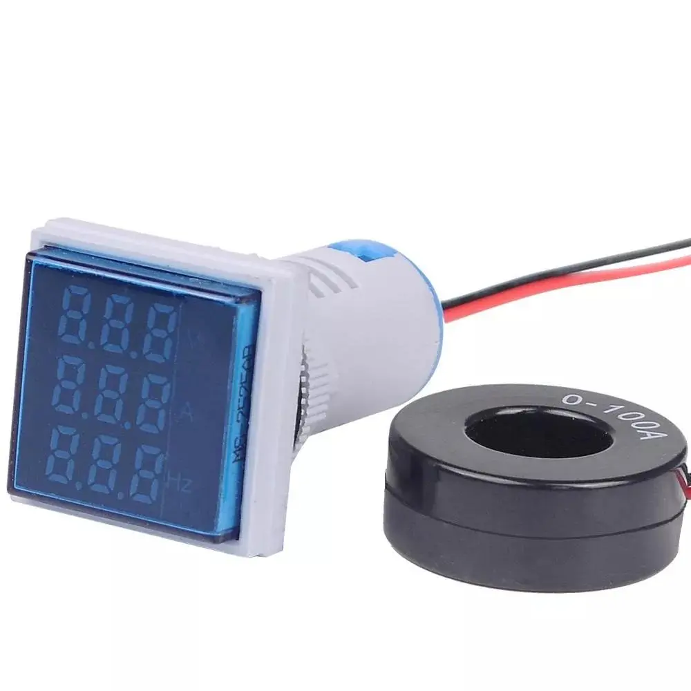 3Pcs 22mm Digital LED AC Meter - 50-380V 100A 99Hz Volt Amp Frequency Tester | Blue Signal Lights