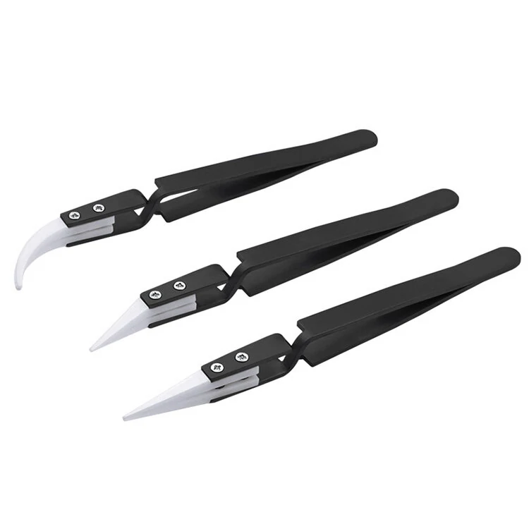 3PCS Anti-Static Ceramic Tweezers - Reverse & Straight Tips - ESD Safe for Electronics